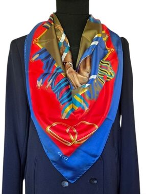 Gucci Vintage Equestrian Silk Scarf Horse Rider Blue Red 35” Carré